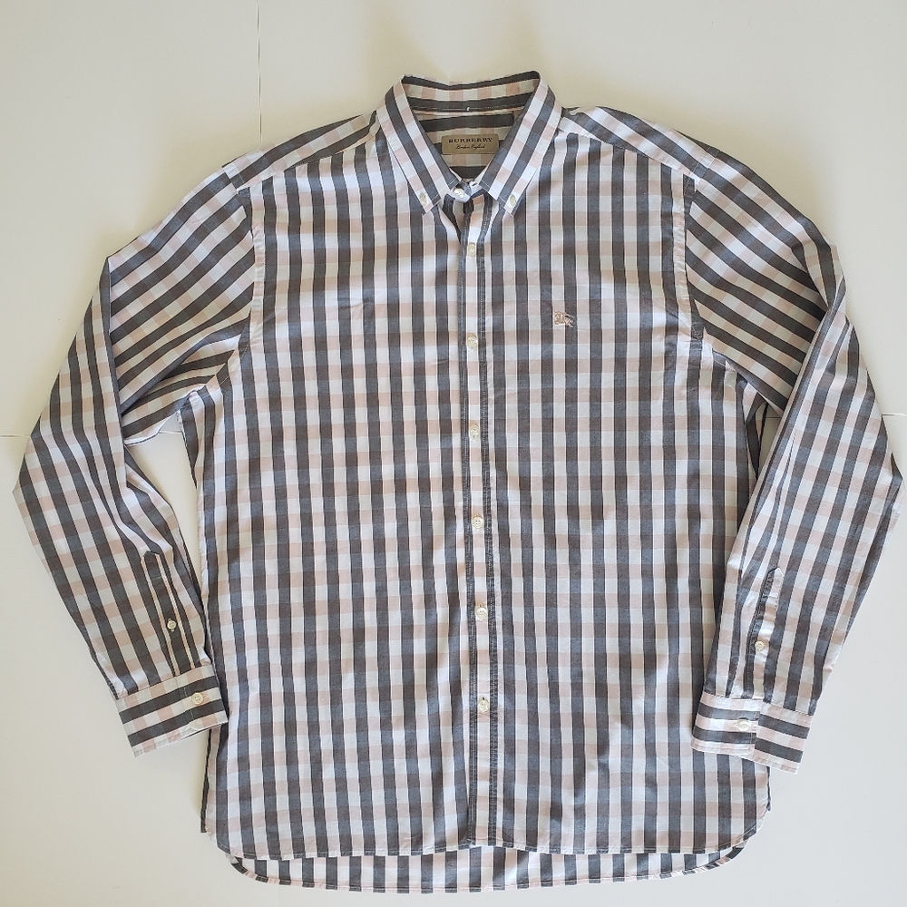 Burberry London England Pink and Gray Gingham Plaid Long Sleeve Button Up 2XL